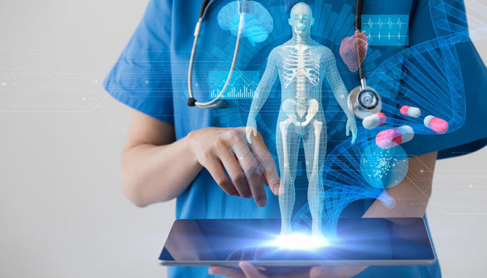 AIを駆使しタブレットを操作する薬剤師のイメージ